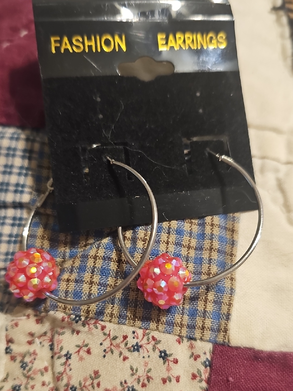 Women's Silver Hoop Earrings with Pink Sparkle Beads